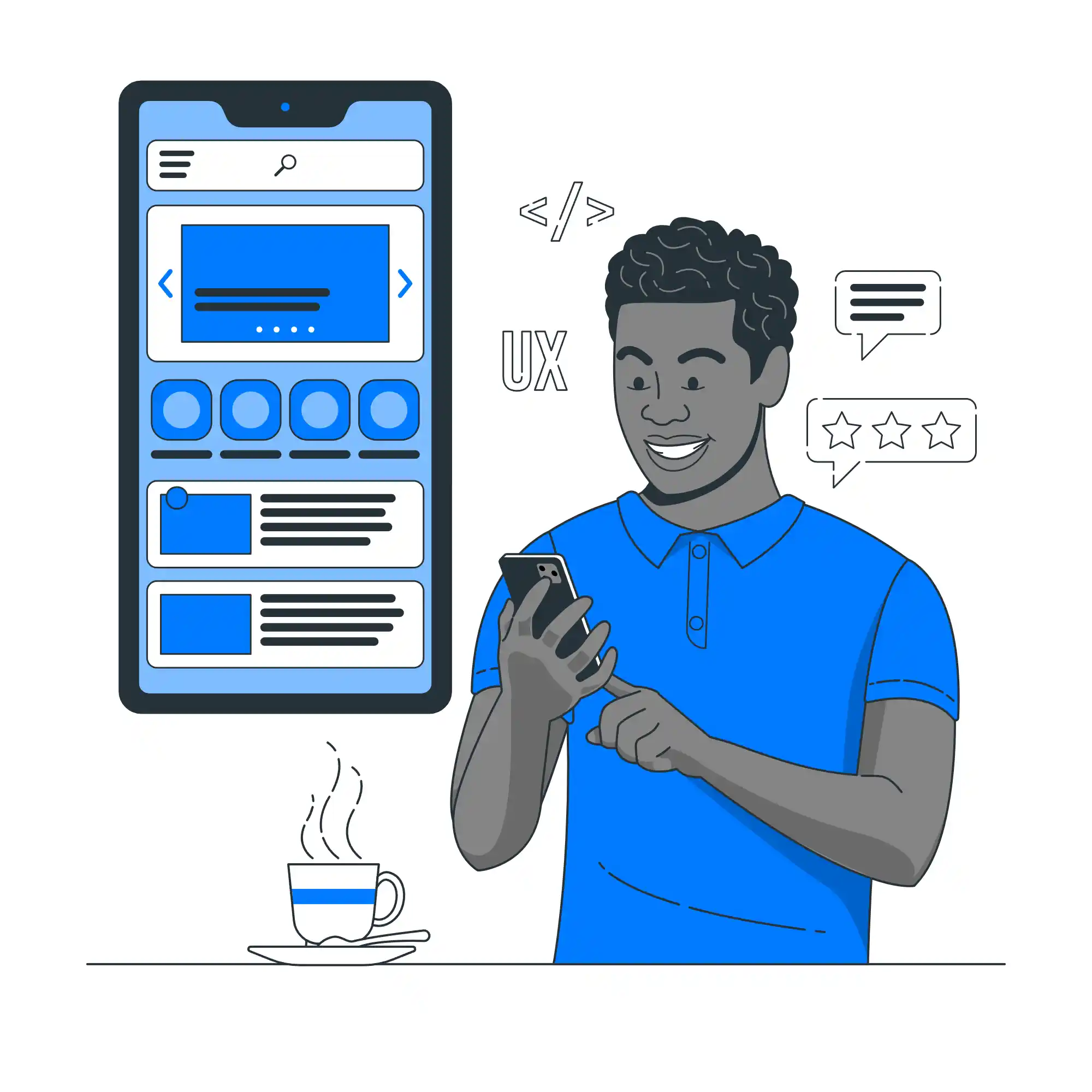 A smiling man in a blue shirt interacts with his smartphone, with a large mobile UI design concept displayed beside him and UX-related icons in the background.