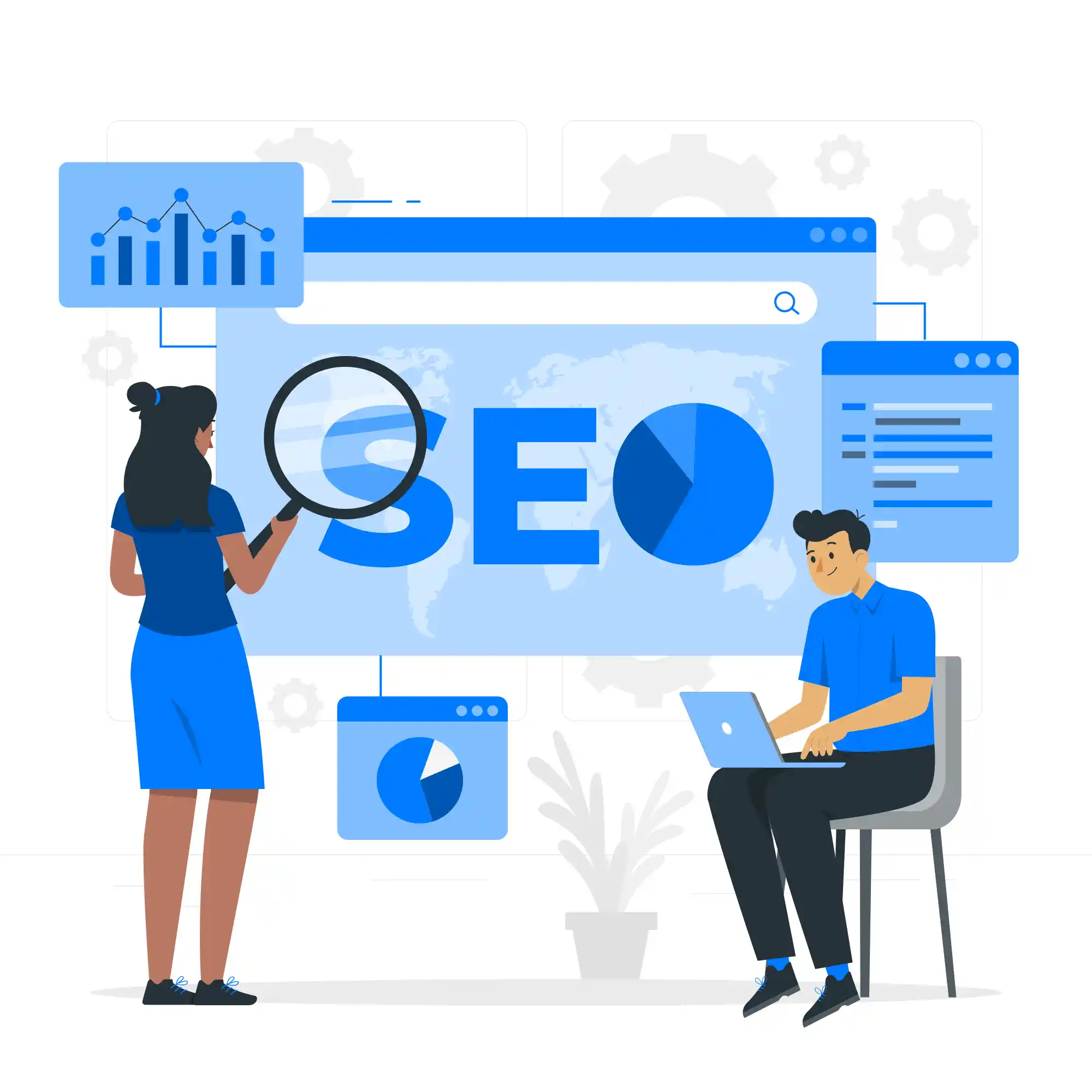A woman examines "SEO" with a magnifying glass while a man works on a laptop, surrounded by analytics and optimization icons.